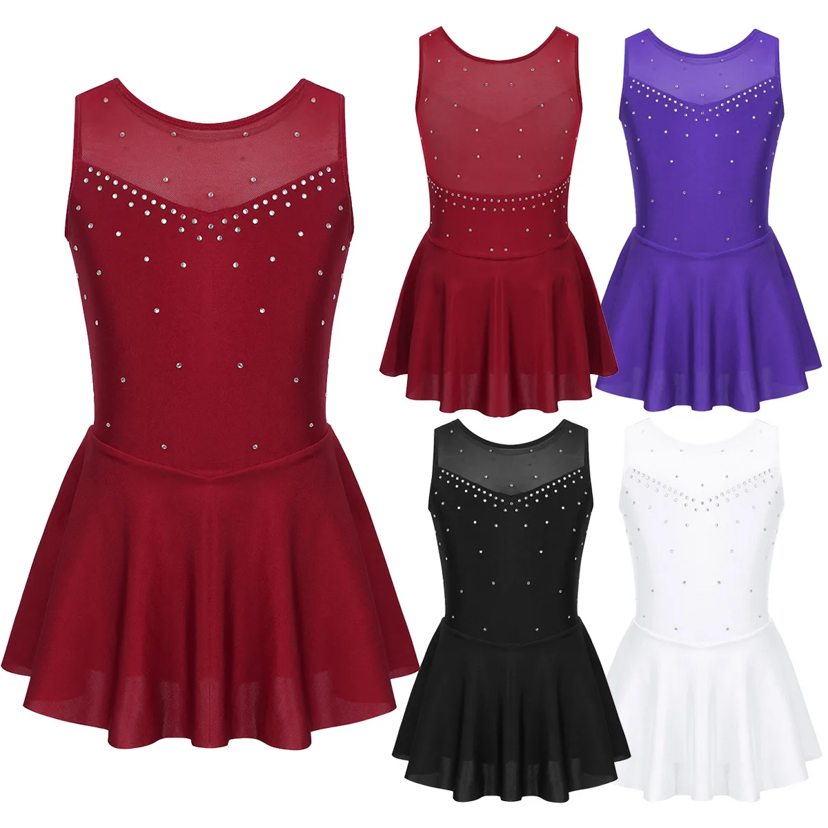 ChicTry Kids Teens Sparkly Rhinestone Tulle Sleeveless Figure Skating Dress Ballet Costume Gymnastics Leotard Girls Dance Wear