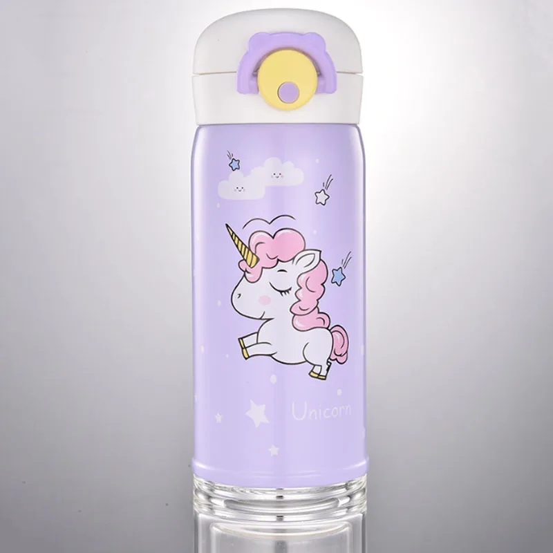 Новая детская Вакуумная бутылка с мультипликационным единорогом, двойная стенка, нержавеющая сталь, для детей, студентов, прямая прыгающая бутылка для воды, термос - Цвет: Фиолетовый