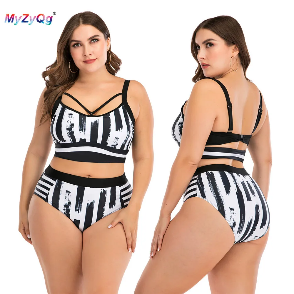 Купальный костюм размера плюс, женский купальный костюм, купальный костюм из двух частей черного и белого цвета, сексуальный бикини, танкини, Бразильский купальный костюм