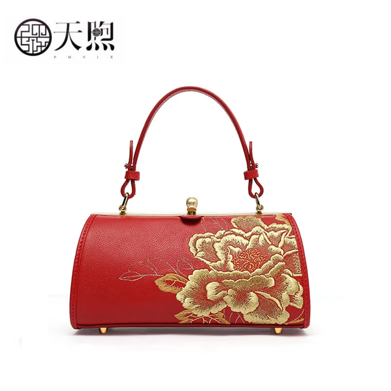 

Pmsix high quality fashion luxury brand female 2020 new fashion embroidered handbag red ethnic style women bag