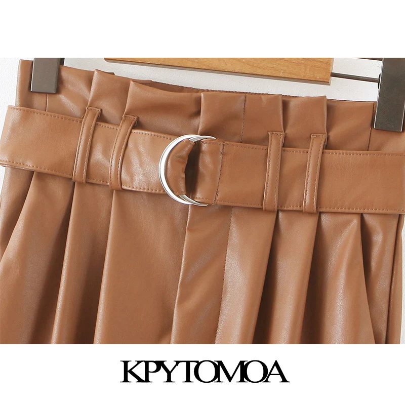 Ceny Vintage stylowy PU Faux Leather z pasek do spodni kobiet 2020 moda Paperbag wysokiej talii kieszenie kobiece spodnie do kostki Pantalones