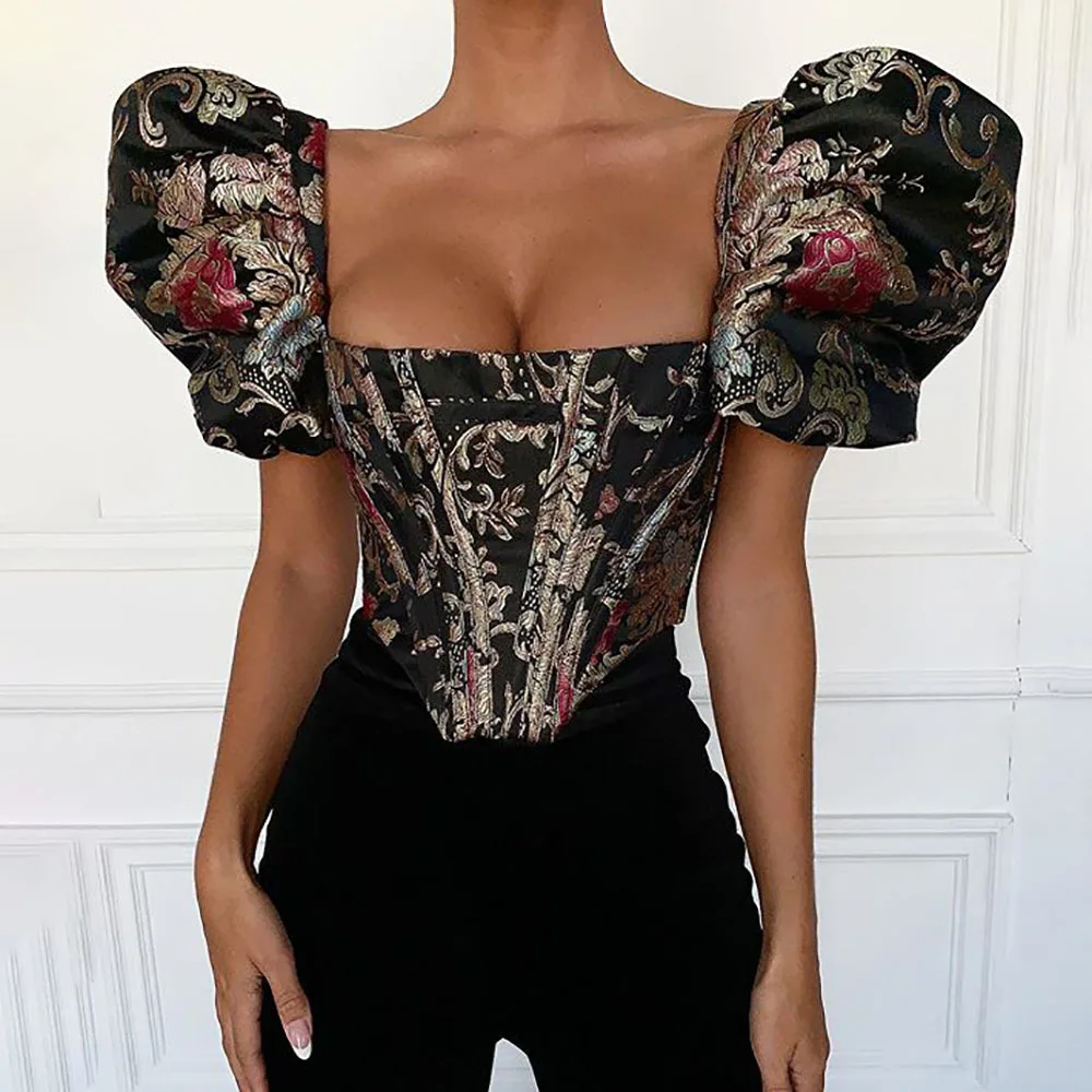 

Vintage Embroidery Floral Irregular Blouse Women Crop Top 2019 Summer Short Puff Sleeve Tee Shirt Femme Casual Square Collar New