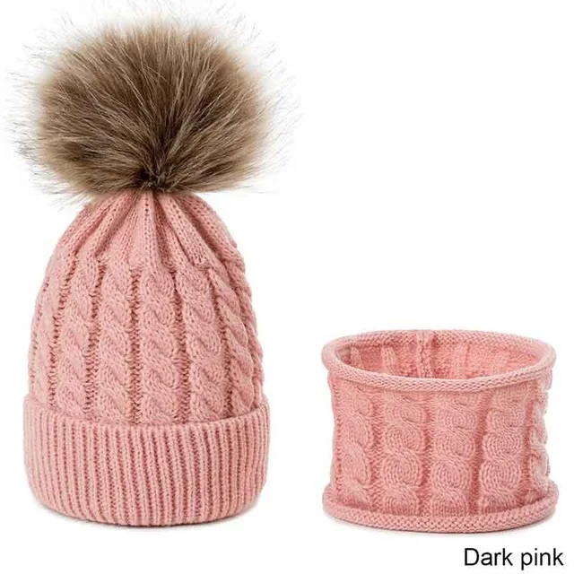 Теплая вязаная зимняя шапка с помпонами для девочек, шапка с помпоном, комплект с шарфом, детская зимняя шапка Skullies для детей, 2 предмета, шарф с кольцом - Color: dark pink