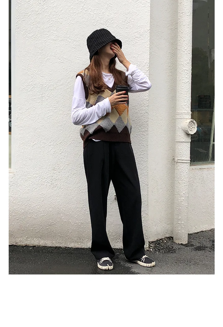 Korean Loose Women's Sleeveless Jacket V-Neck Geometric Patchwork Vintage Sweater Vest Female Winter Warm Waistcoat Veste Femme