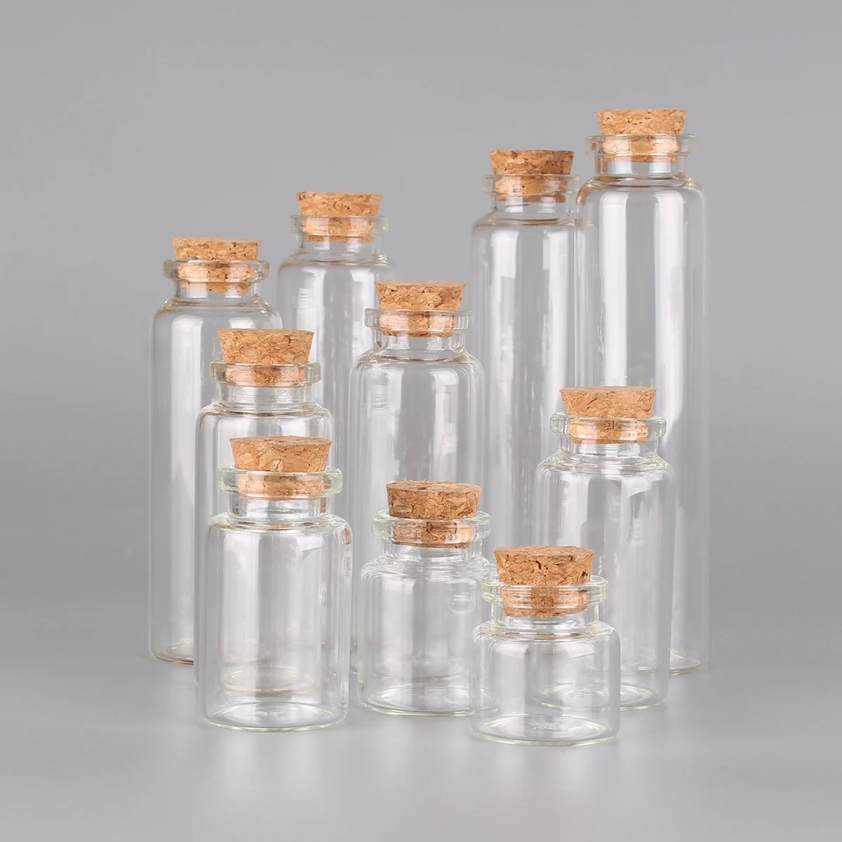 12 pieces/lot 10ml 15ml 20ml 25ml 30ml 40ml 45ml 50ml 55ml 60ml Glass Bottles With Cork Stopper Spice Jars Glass Vessels Crafts 6