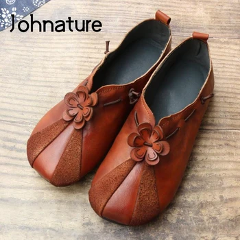 

Johnature Flats Women Shoes 2020 New Autumn Genuine Leather Round Toe Flat With Handmade Shallow Flower Concise Ladies Shoes