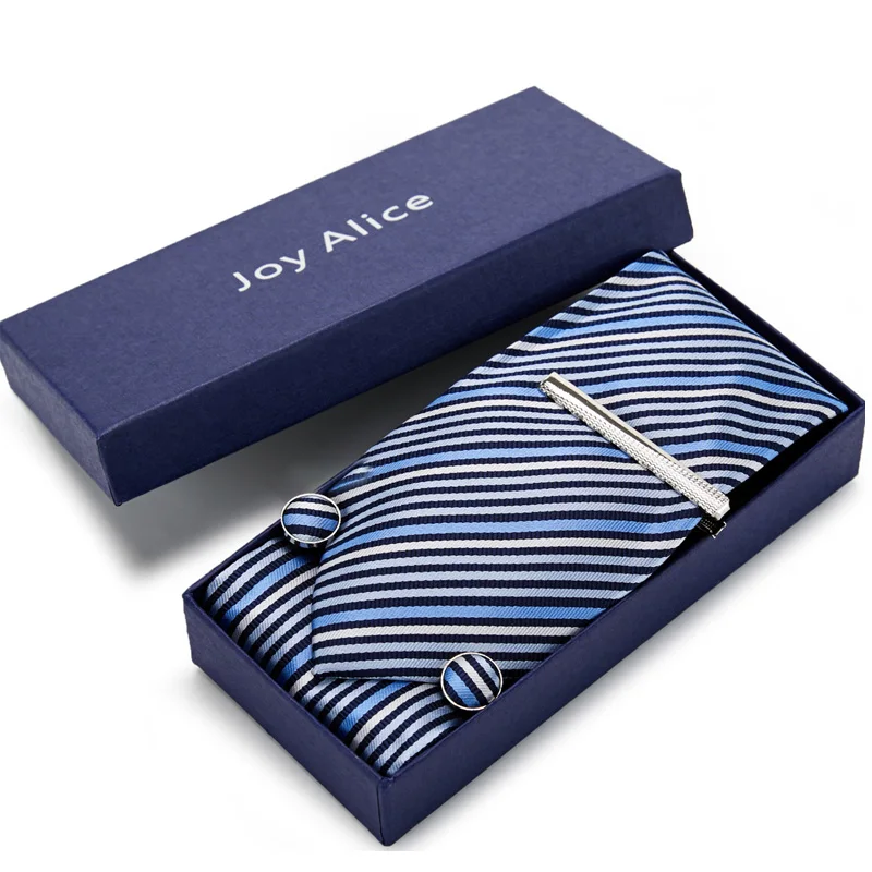 

Classic Striped tie set gift box for men 2020 jacquard 8cm necktie and pocket square clip cufflinks handkerchief formal dress