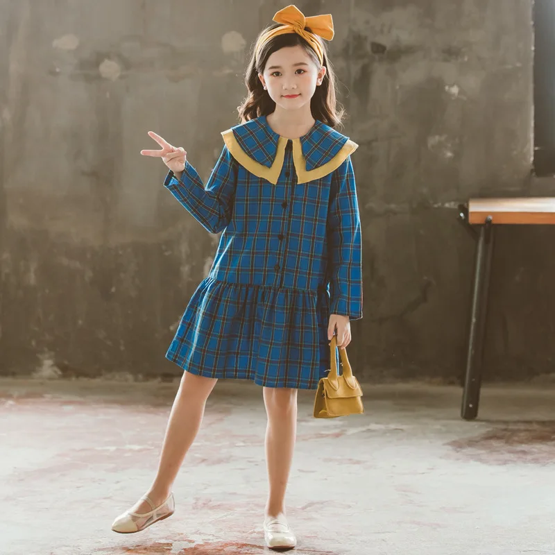 

Kids Fashion Girls Plaid Dress Long Sleeve Double Layered Collar Cotton Lace Cute Dresses for Autumn Winter 2019 6 8 10 year