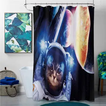

Shower Curtains Solid Color Space Cat,Kitten with Space Suit Planets Nebula Supernova Eclipse Artwork,White Orange and Dark