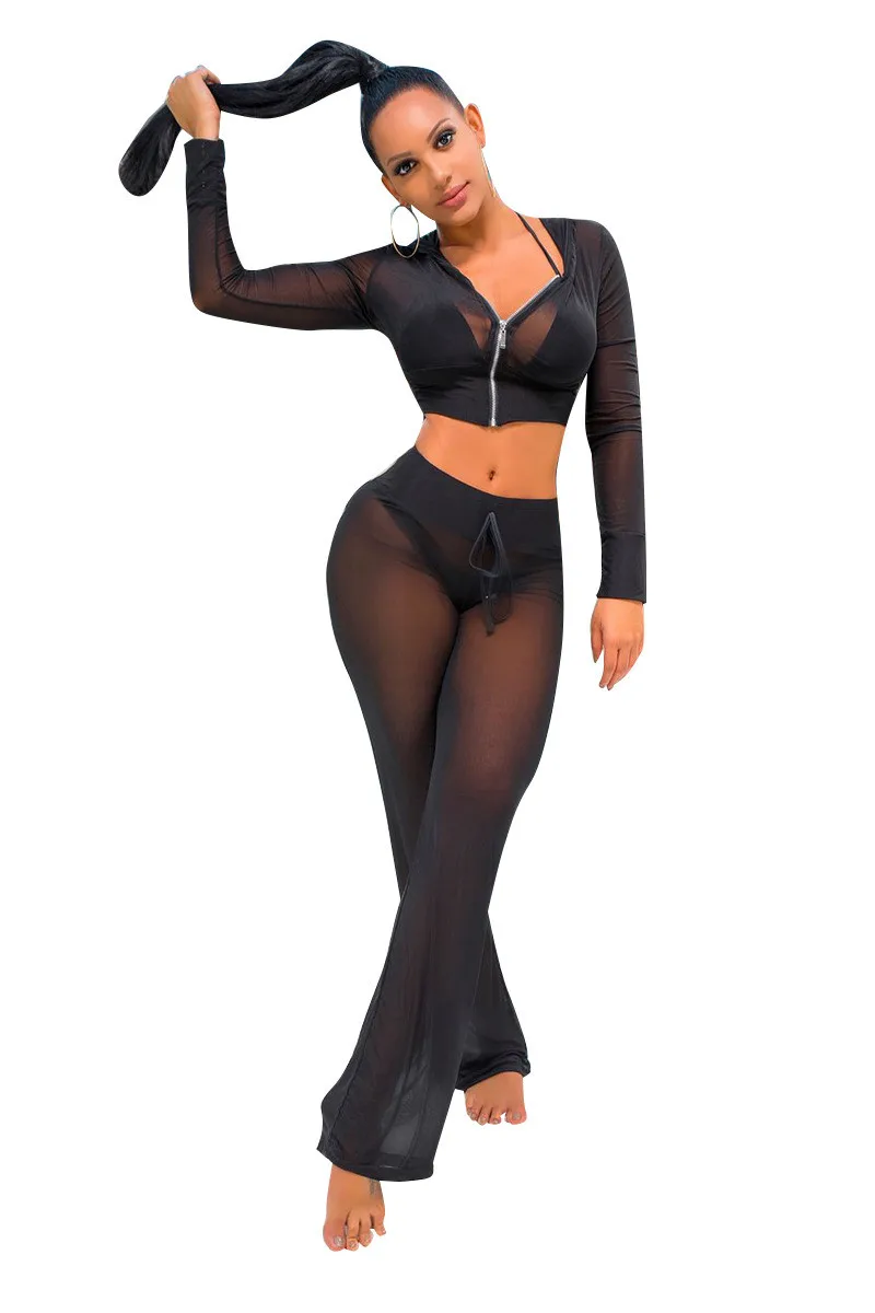 2 Pcs Women Mesh Sheer Tracksuit Long Sleeve Hoodies Zip Up Sweatshirt Crop Tops High Waist Lace-up Wide Leg Flare Pants Capris 2 Pcs Women Mesh Sheer Tracksuit Long Sleeve Hoodies Zip Up Sweatshirt Crop Tops High Waist Lace-up Wide Leg Flare Pants Capris