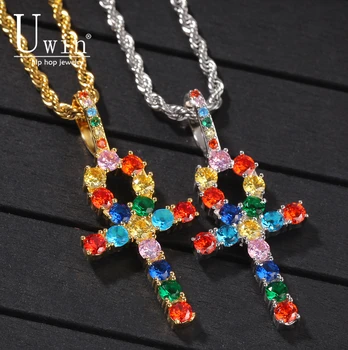 

Uwin Colorful Cross Pendant Paved Iced Out Mix-colored AAA Cubic Zirconia Necklace Gold silver color Fashion Hiphop Jewelry
