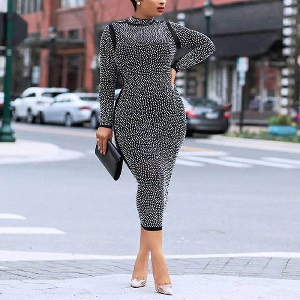 

4XL 5XL Oversized Sexy Dress for Women Diamond Bodycon Hollow Out Full Sleeve Elegant Evening Night Club Wear Long Vestidos Hot