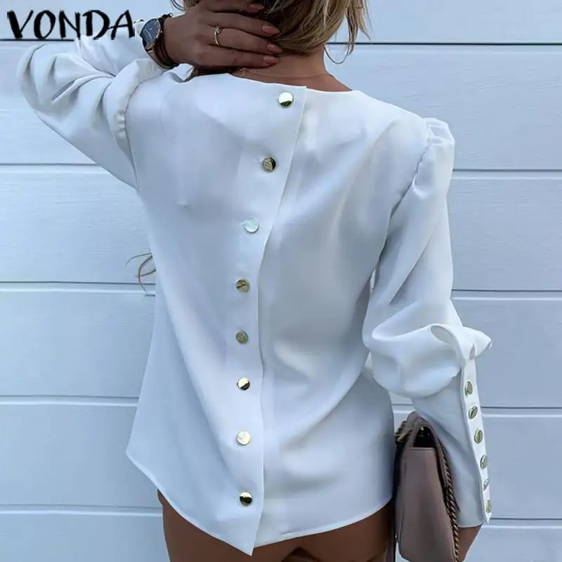 VONDA Офисная Женская блузка, Женская туника, сексуальные вечерние рубашки с пуговицами на спине, осень, богемные топы, повседневные свободные блузы размера плюс