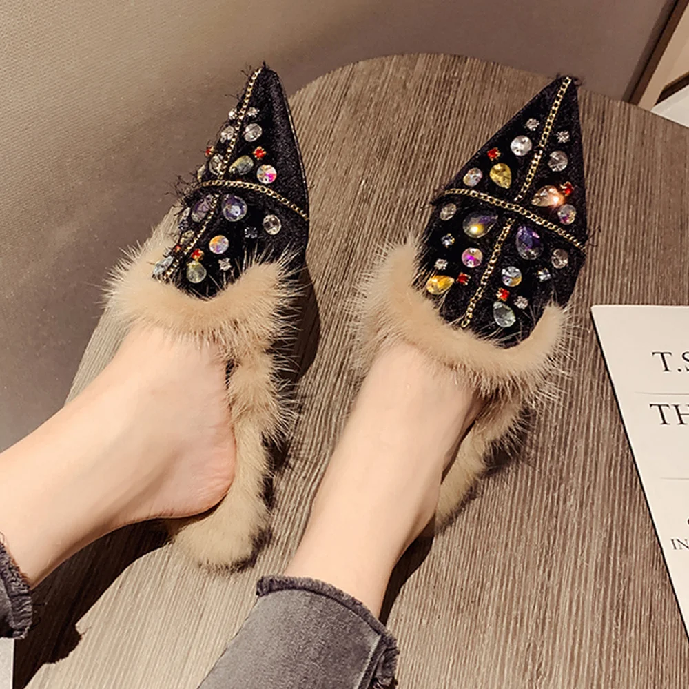 Olomlb Womens Pointed Toe Velvet Real Fur Rainbow Colors Crystal Rhinestones Slipper Mule Flats
