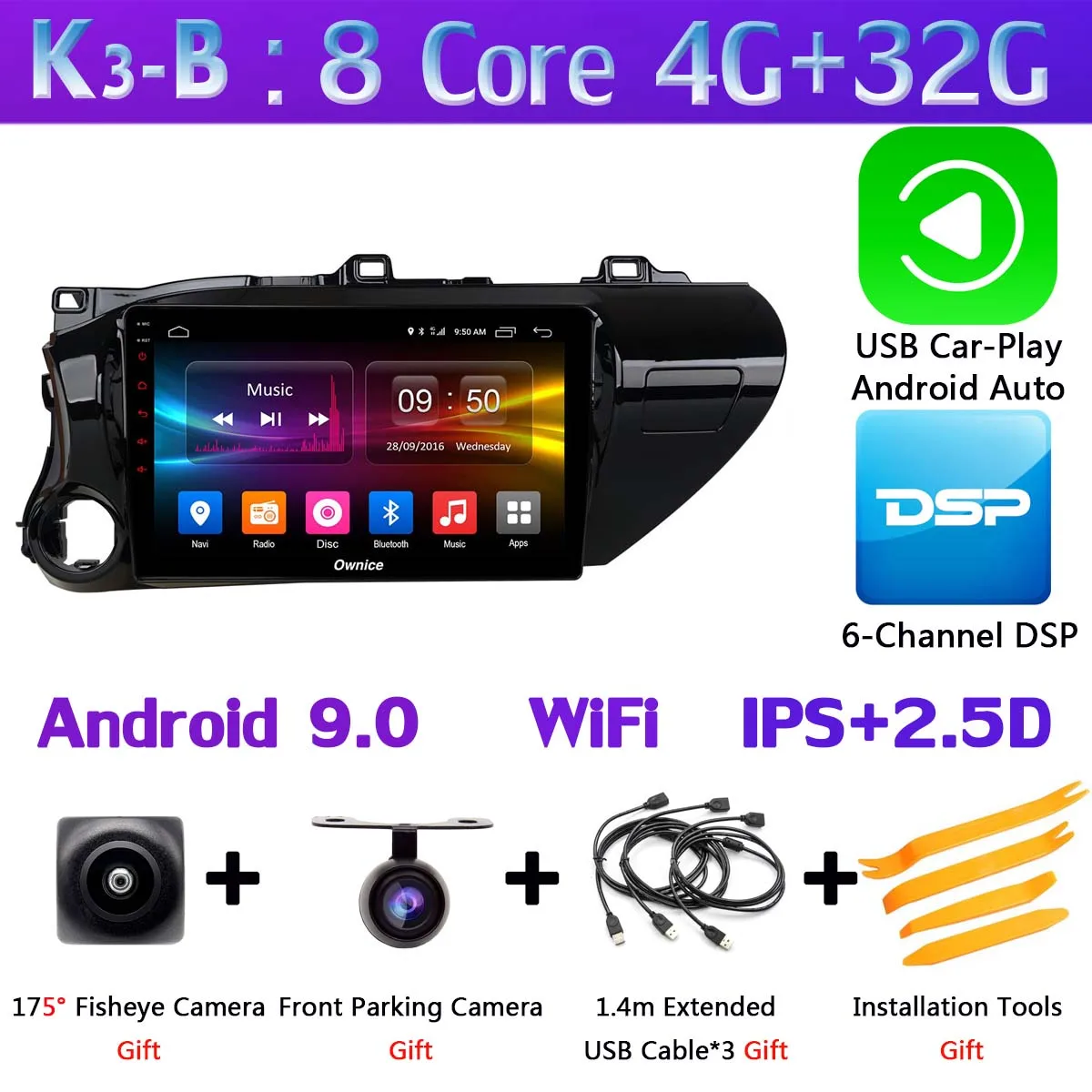 K3-B-CarPlay 360 ° панорамный Android 9,0 8Core 4G+ 64G Автомобильный мультимедийный плеер для Toyota Hilux gps компактное минирадио CarPlay - Цвет: K3-B-CarPlay