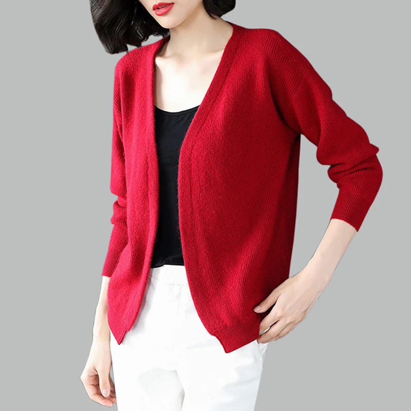 

Solid color Knitted Loose Tops 2019 spring new Casual Long sleeve Short Sweater Coats fashion V-Neck Cardigans Women's clothing