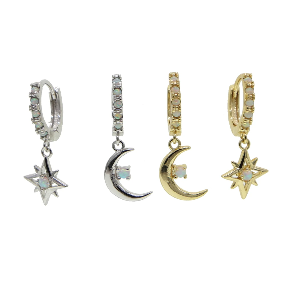 

Trendy Gold Silver Color Star&Moon Drop Earring Pave Colorific Opal Round Hoop Dangle Earring for Women Wedding Party Engagement