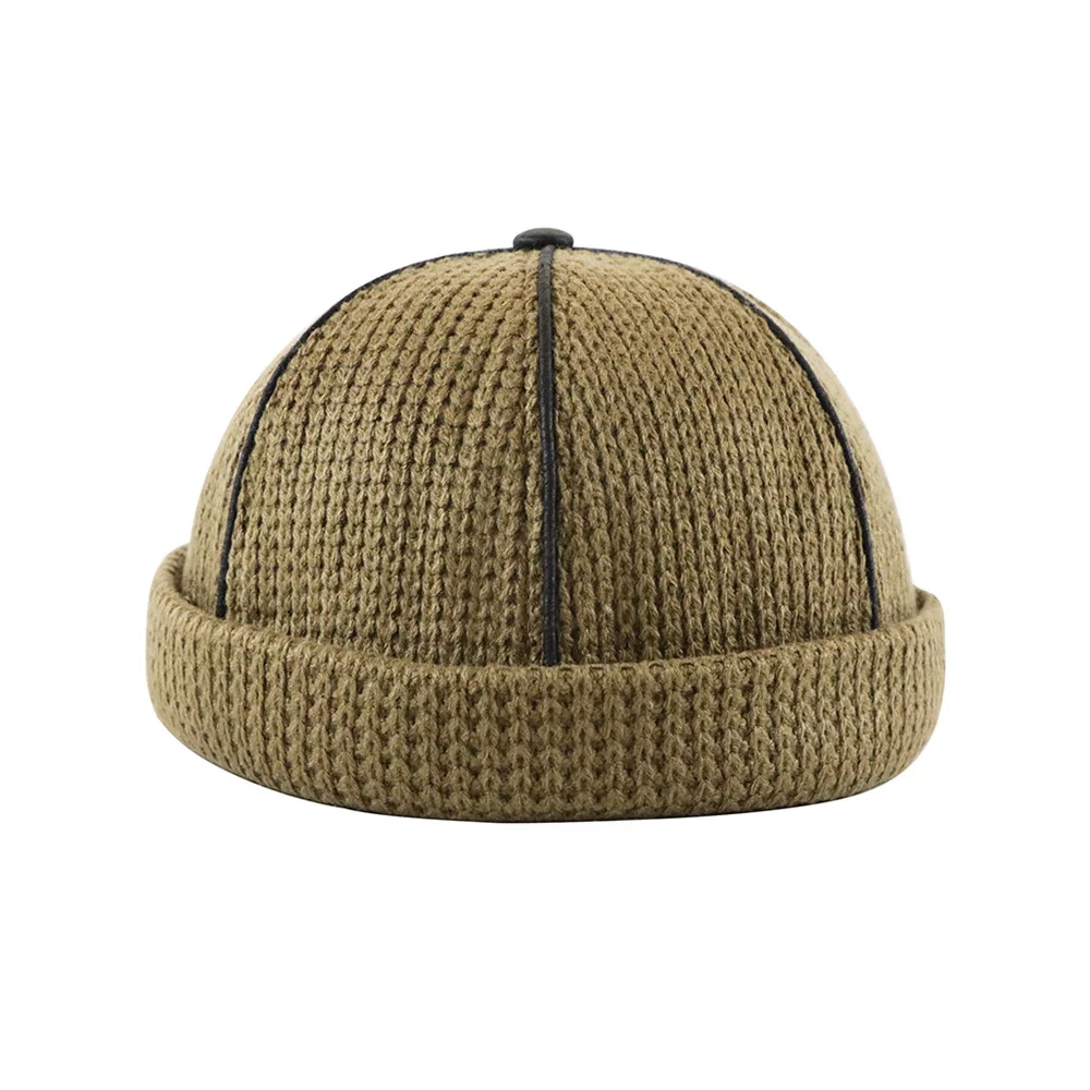 TOHUIYAN,, Ретро стиль, вязаная шапка для мужчин, без полей, кожа, Череп, шапка, Осень-зима, теплая шапочка, шапки, хип-хоп, матросские кепки, регулируемые - Цвет: coffee