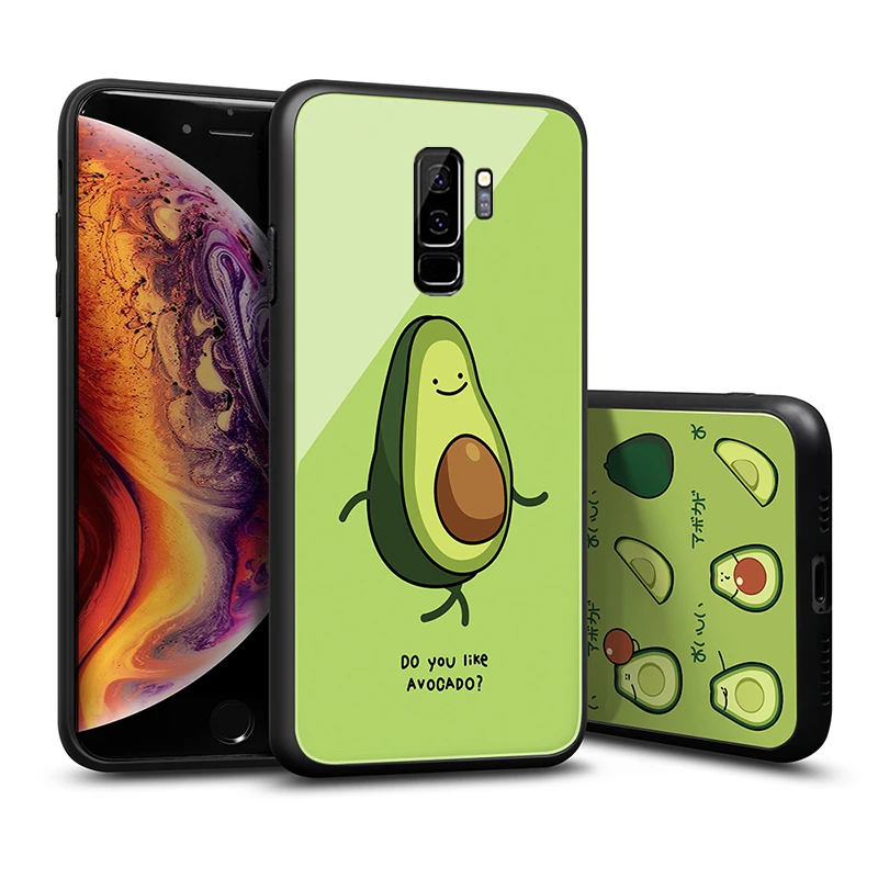 Tempered Glass Case For Samsung Galaxy S9 Plus s8 case Green Cartoon Cute Avocado Hard Cover S8 s9 phone Casing | Мобильные телефоны