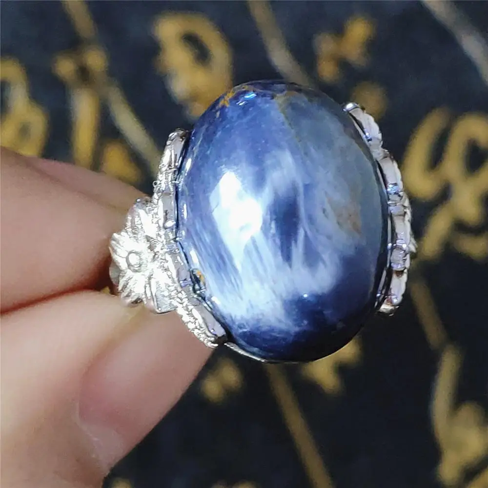 

Natural Blue Pietersite Gemstone Chatoyant Adjustable Ring Namibia 925 Sterling Silver Crystal Women Men Love 17x13mm AAAAA
