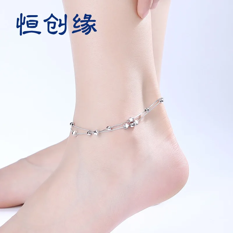 

S925 Fine Silver Anklet Women's Korean-style Simple Star Light Bead Anklet Summer Students Literature And Art Hipster