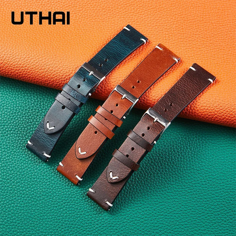 

High quality Leather loop Band 20mm 22mm Smart Retro Calfskin Oil Wax Leather Ultra-thin Soft Sports Watch Strap UTHAI F07+ 2021