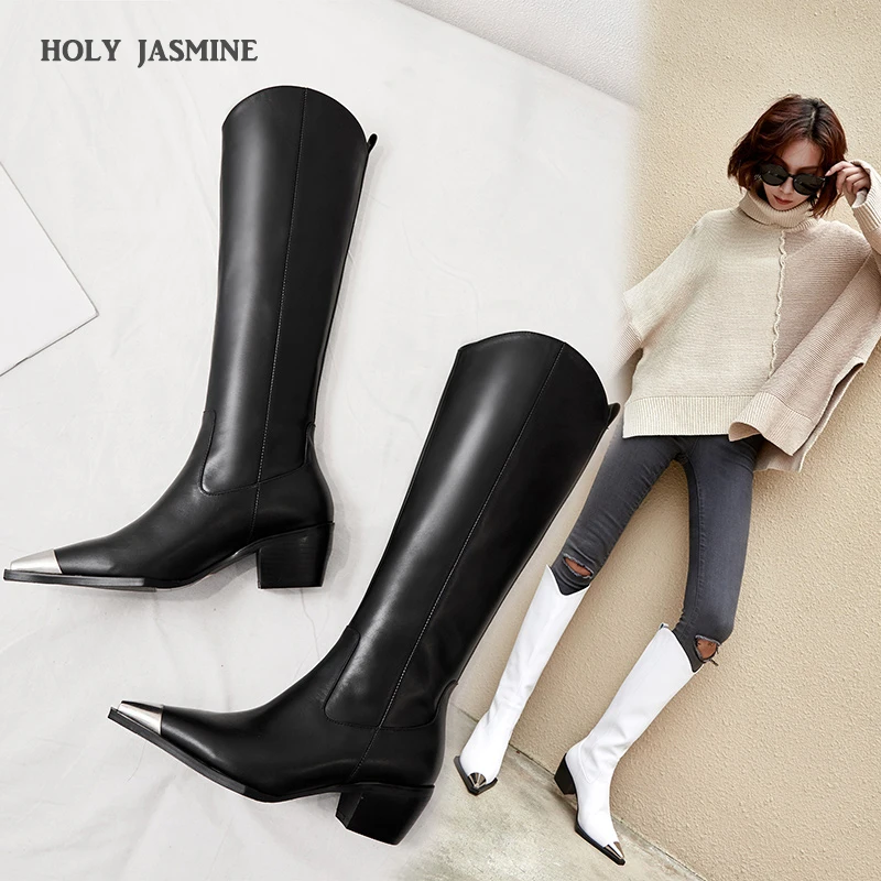 

Western Boots Women Knee High Cowboy Boots Fashion Pointed Toe Sewing Shoes Female High Heels Thick Shoes Ladies 2020 Autumn New
