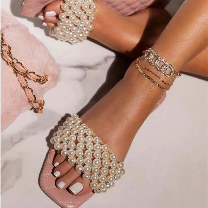 Шлепанцы женские с квадратным носком жемчужинами на плоской подошве размера