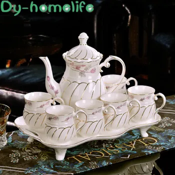 

8-piece European-style Cherry Blossom / Peony Flower Drawing Gold Lotus Leaf Edge Ceramic Coffee Tea Set with Tray Coffee Set