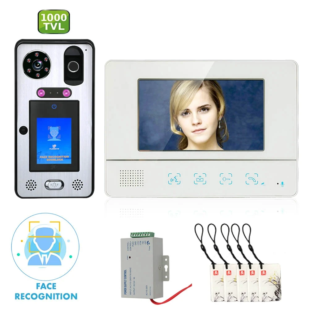 GAMWTER 7 inch Video Door Phone Doorbell Intercom System with Face Recognition Fingerprint RFIC Wired 1000TVL Camera