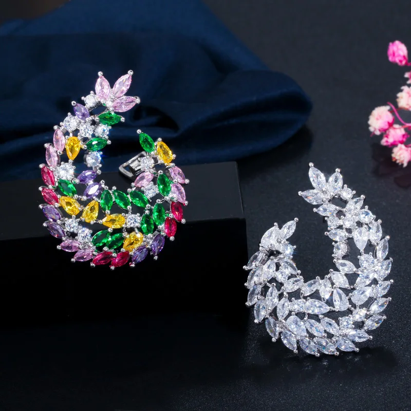CWWZircons Full Multicolor Cubic Zircon CZ Trendy Elegant Big Flower Drop Earrings for Women Fashion Wedding Prom Jewelry CZ637