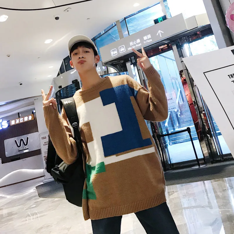 Men's sweater autumn and winter new stitching printing loose warm round neck sweater youth personality trend men's clothing