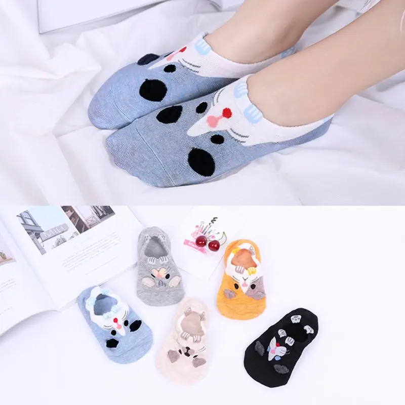 

Japanese Women Girls Summer Invisible Short Boat Socks Cute Cartoon Hamster Printing 3D Paws Anti-Slip Silicone Cotton Hosiery