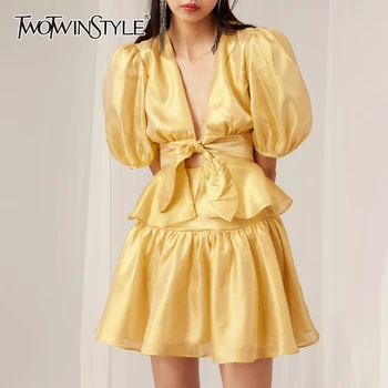 

TWOTWINSTYLE Casual Ruffles Two Piece Sets Women V Neck Puff Short Sleeve Bow Top High Waist Skirt Sexy Suit For Female Fashion