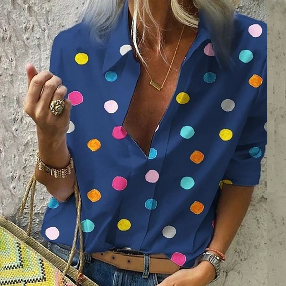

Summer Blouse Women Tops Fashion Casual Long Sleeved Loose Dot Print Deep V Neck Shirts Bluzki Damskie Blusas Mujer De
