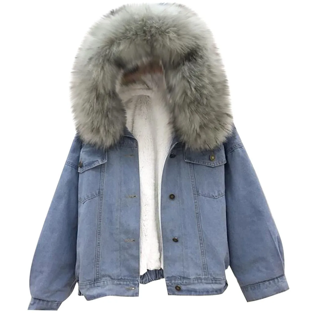 Women Denim Jacket Winter Thicken Fleece Outdoor Coat Faux Fur Collar Hooded Long Sleeve Denim Female Windproof Outwear#BL40