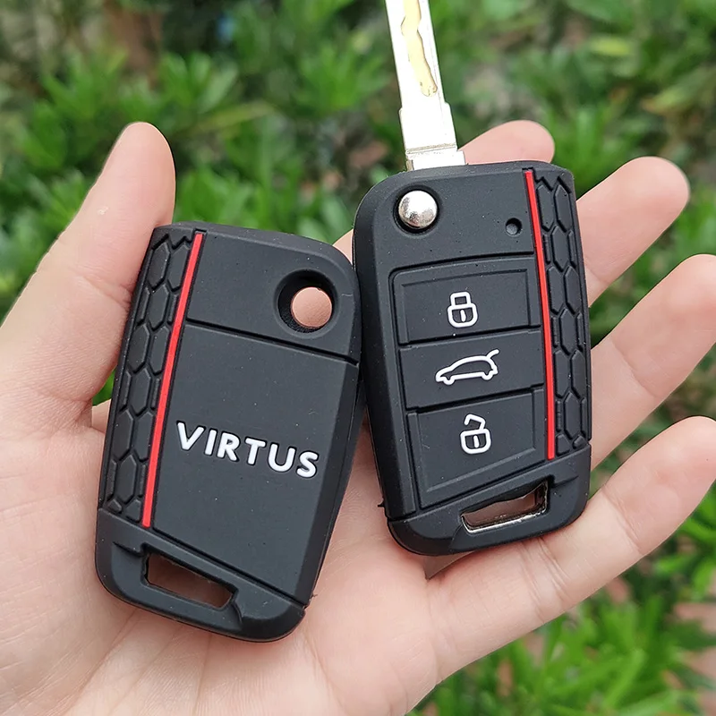 Car Key Shell Flip Key Fob Shell Rubber Car Products Key Fob Protect Skin Cover Case Shell VW Volkswagen Virtus Flip Remote keychain Holder Accessories