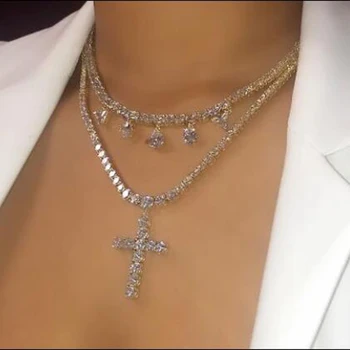 

new iced out bling cross necklace 5A cubic zironia paved 5mm tennis chain choker gold silver color women men hip hop jewelry
