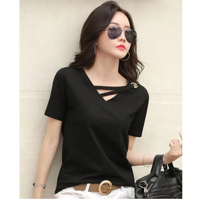 New summer short sleeve women white t-shirt women V-neck loose Korean black top casual compassionate trend t shirt women 1