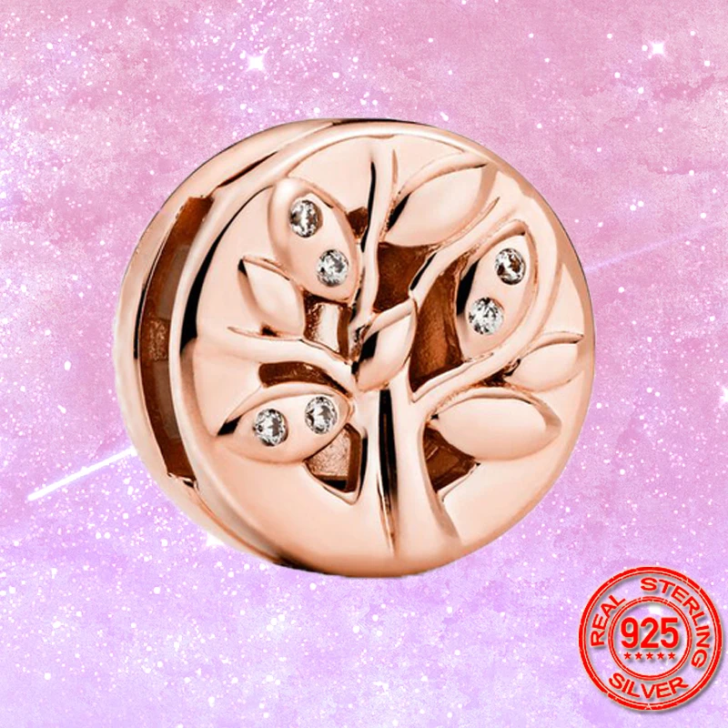 

925 Sterling Silver & Rose Gold Color Sparkling Family Tree Clip Charm Beads Fit Original Pandora Reflexion Bracelet Jewelry