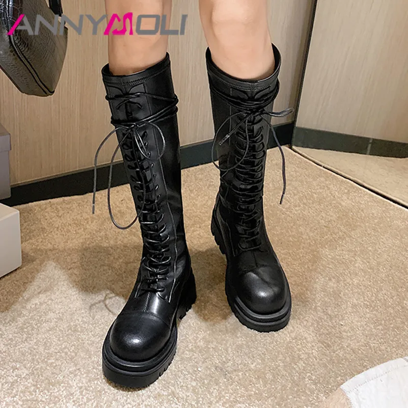 ANNYMOLI Women Knee High Boots Shoes Zipper Platform Heel Motorcycle Cross Tied Thick Heels Long Lady Brown 43 | Обувь