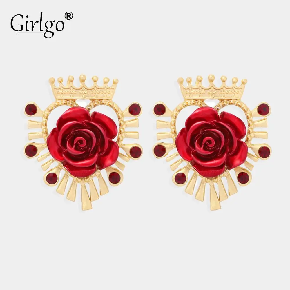 Серьги-подвески Girlgo в стиле бохо с красными цветами золотистые металлические