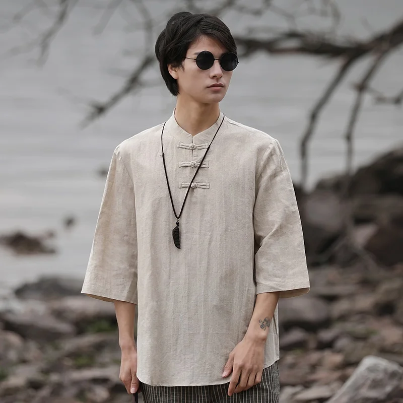 Chinese Style Zen Tea Tee Shirt Retro Cotton Linen Top Solid Color Linen T Shirts For Men Clothing Harajuku Linen T Shirt KK3797