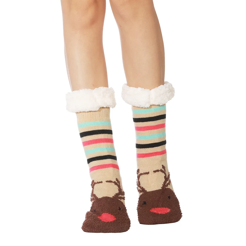 Skinfullysweet/милые Нескользящие домашние носки с оленем; женские зимние домашние плюшевые тапочки; теплая флисовая подкладка с рождественским снеговиком
