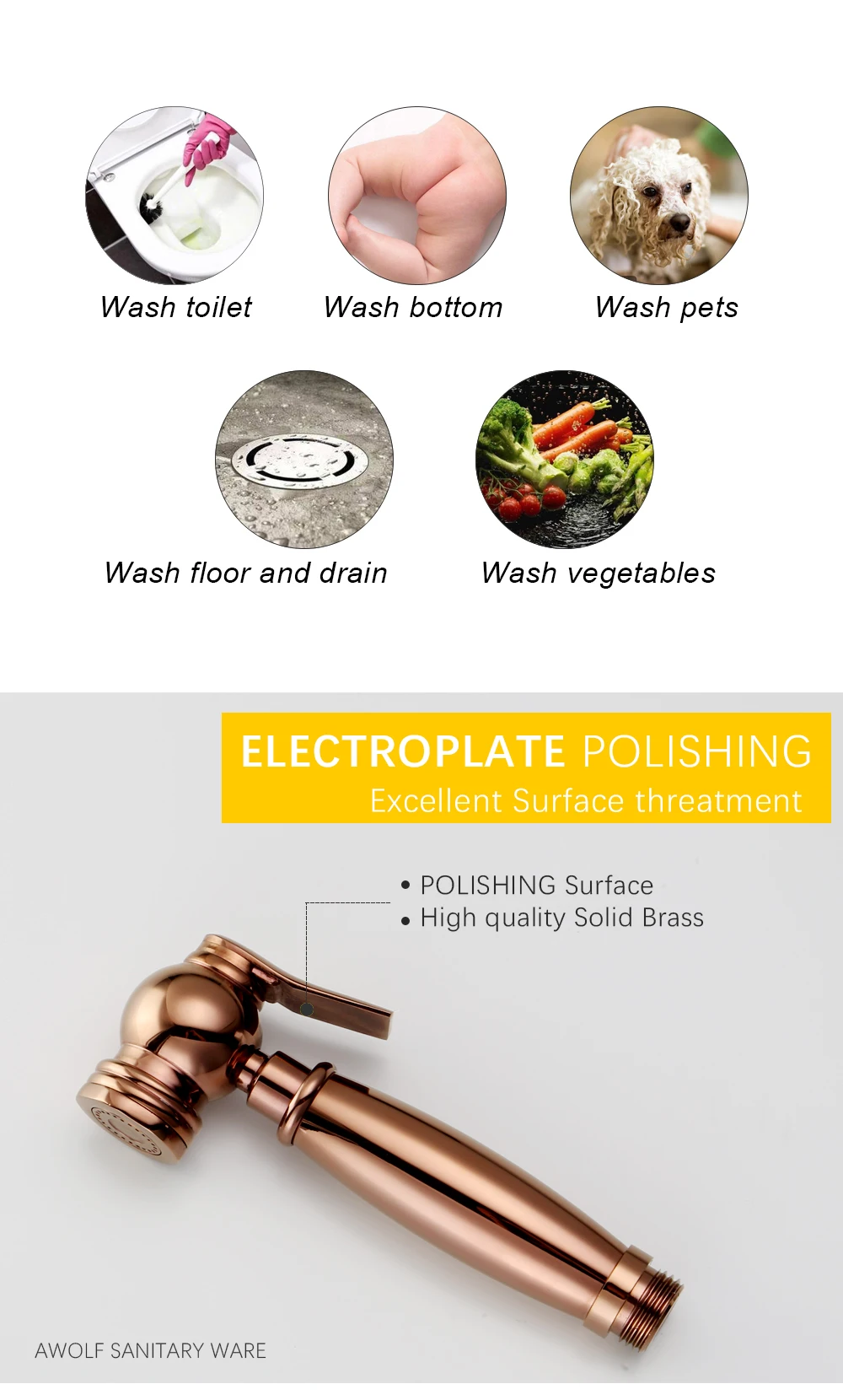 Description Picture 4 of itemHand Held Bidet Sprayer Rose Gold Solid Brass Hot And Cold Mixer Valve Faucet Douche Kit Toilet Shattaf Shower Polishing AP2192