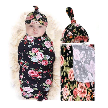 

Cotton Swaddle Baby Blanket Newborn Baby Floral Wrap Swaddling Blanket + Hat 2PCS