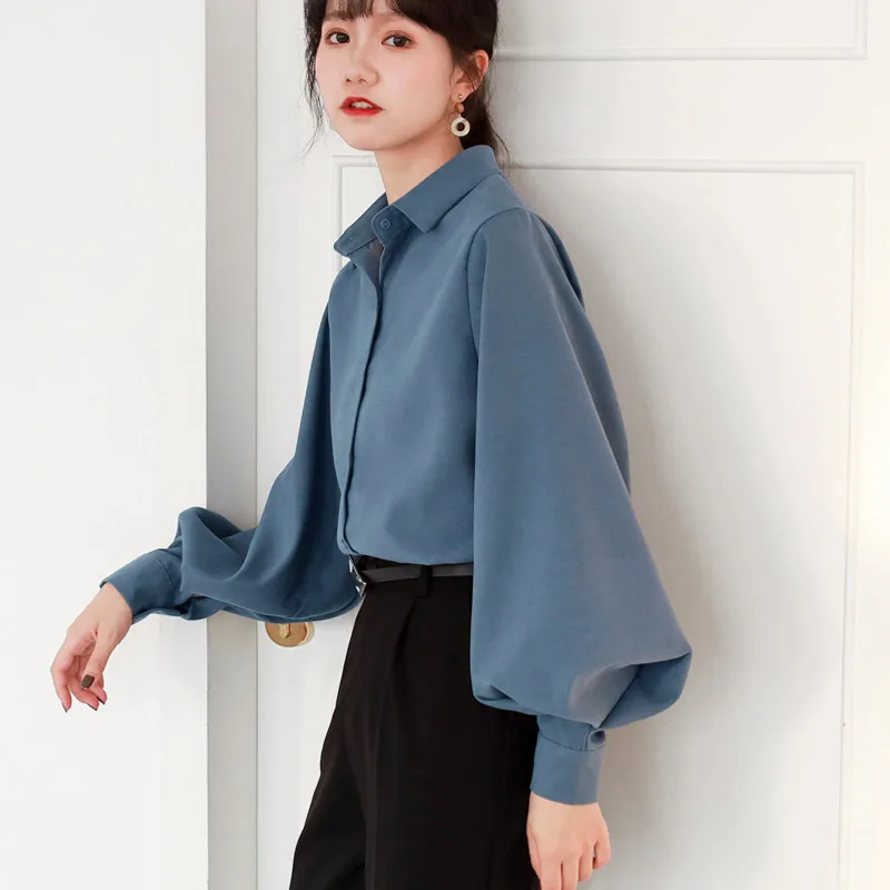 

Minimalist style design lapel brushed lantern sleeve shirt solid color loose all-match casual shirt office lady top