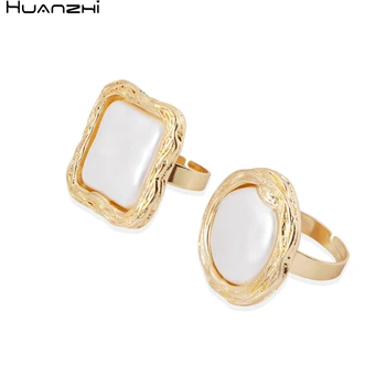 

HZ 2020 New Korean Minimalist Geometry Circle Rectangle Baroque Pearls Gold Color Plated Metal Opening Rings for Women Jewelry