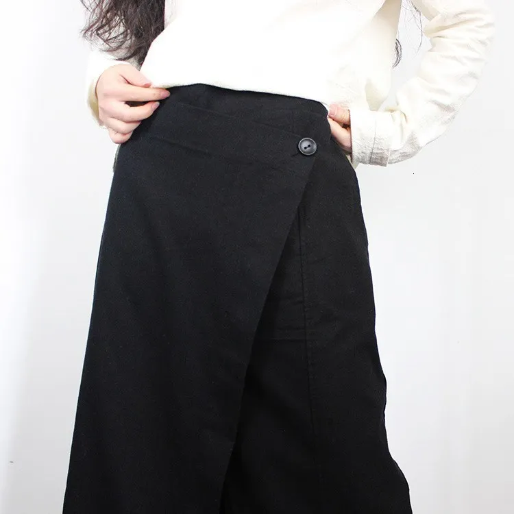 Fashion One Button Back Elastic Waist Wide Leg Pant Women Loose Asymmetric Pants Large Flare Hem Casual Trousers