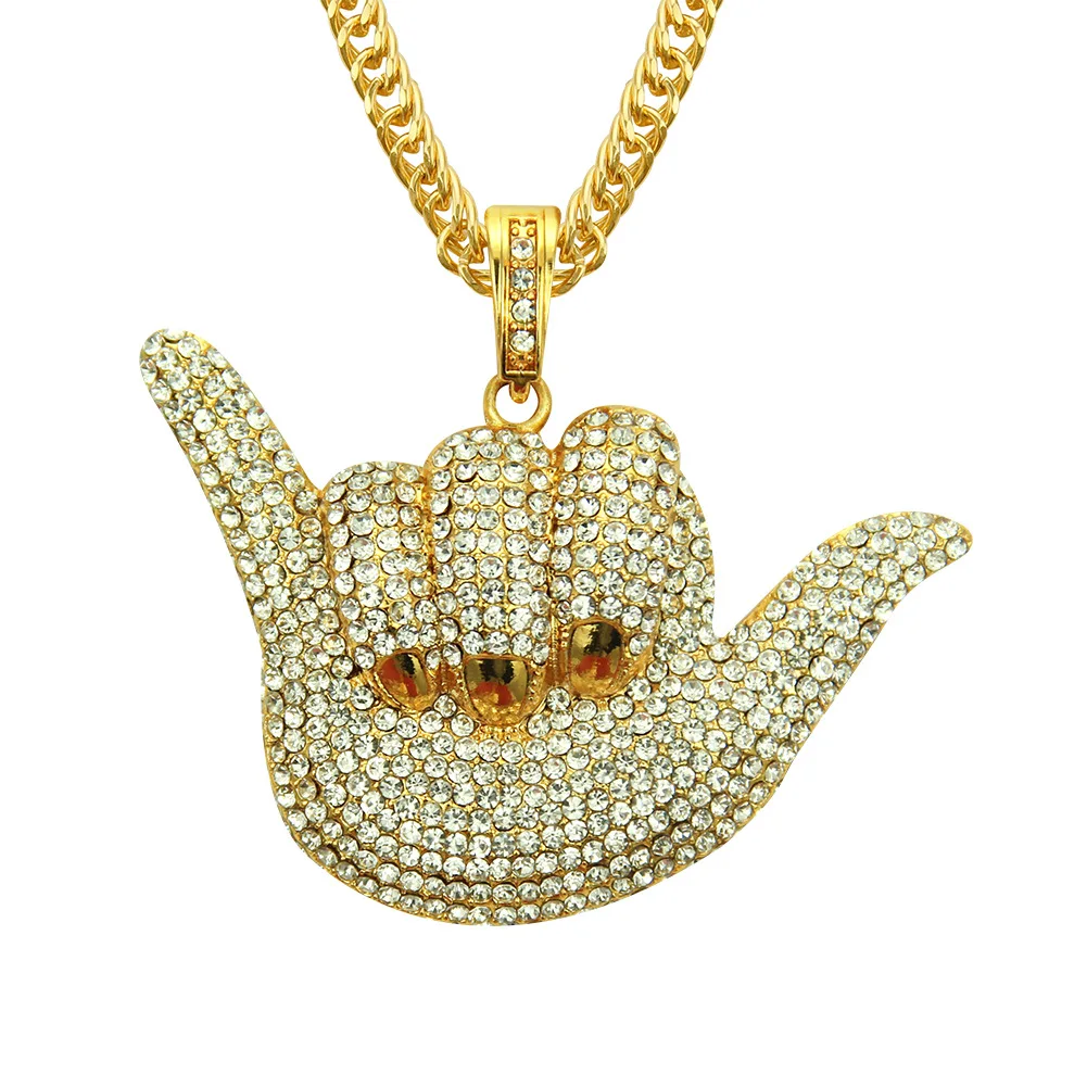 

Europe And America Hip Hop Gesture 666 Full of Crystals Pendant Necklace Men Cool Cool Diamond Set Finger Accessories Pendant